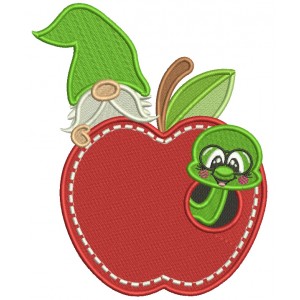 Book Worm Inside The Apple With a Gnome Filled Machine Embroidery Design Digitized Pattern